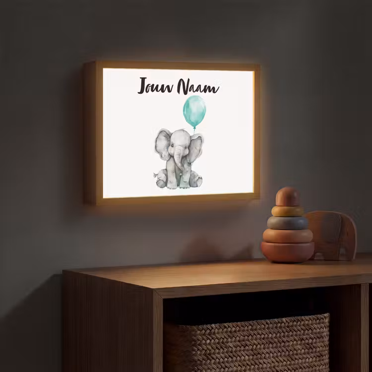 Olifant - Baby - Dieren - Blauwe ballon Light Box met batterij (Wandlamp kind) middel -sfeer5_kind