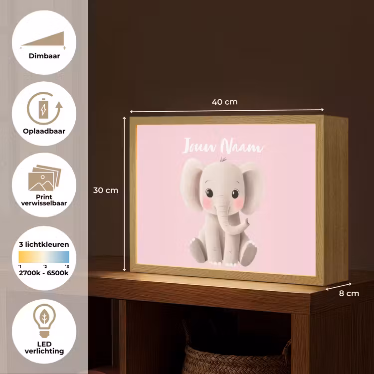 Olifant - Baby - Roze - Cartoon Light Box met batterij (Wandlamp kind) middel -USP_websiteoverzichtNL