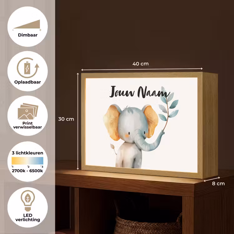 Olifant - Dier - Pastel kleuren Light Box met batterij (Wandlamp kind) middel -USP_websiteoverzichtNL