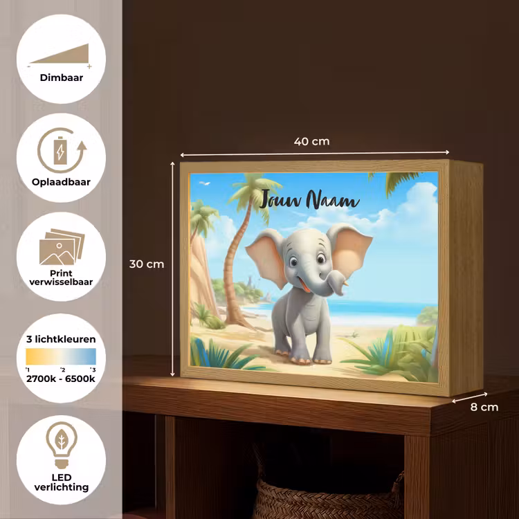 Olifant - Strand - Dieren - Meisjes - Kind Light Box met batterij (Wandlamp kind) middel -USP_websiteoverzichtNL