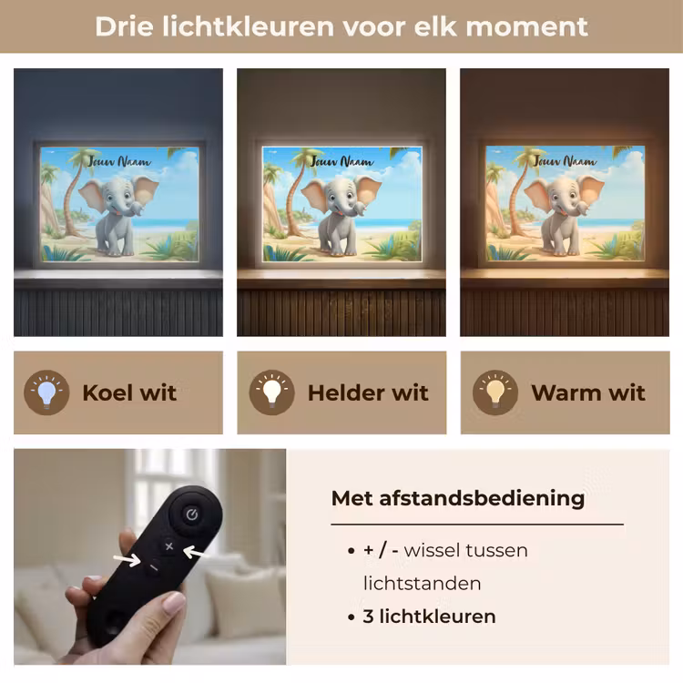 Olifant - Strand - Dieren - Meisjes - Kind Light Box met batterij (Wandlamp kind) middel -USP_lichtkleurNL