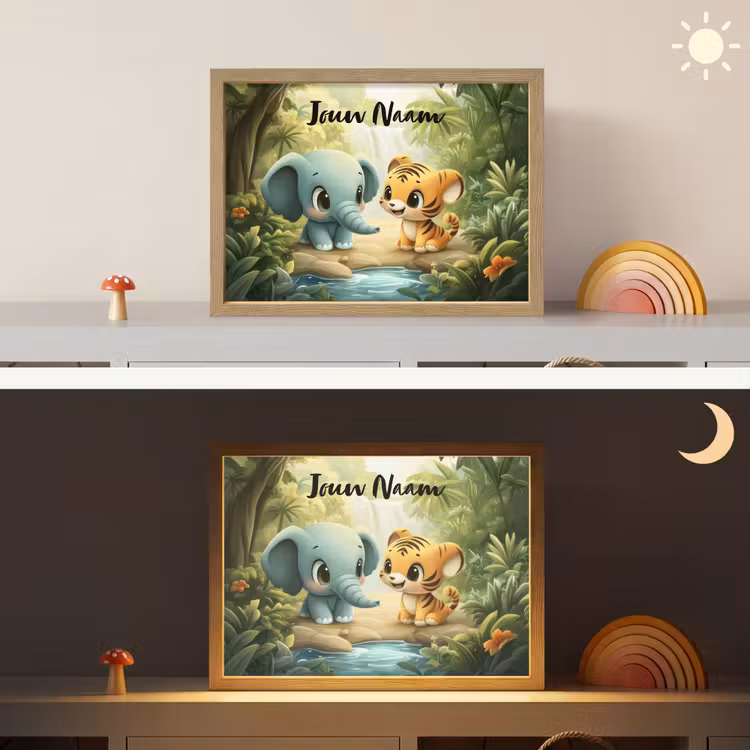 Olifant - Tijger - Bos - Jungle Light Box met batterij (Wandlamp kind) middel -sfeer3_kind