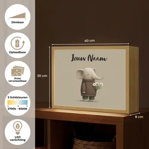 Olifant - Witte bloemen - Kindvriendelijk Light Box met batterij (Wandlamp kind) middel -USP_websiteoverzichtNL