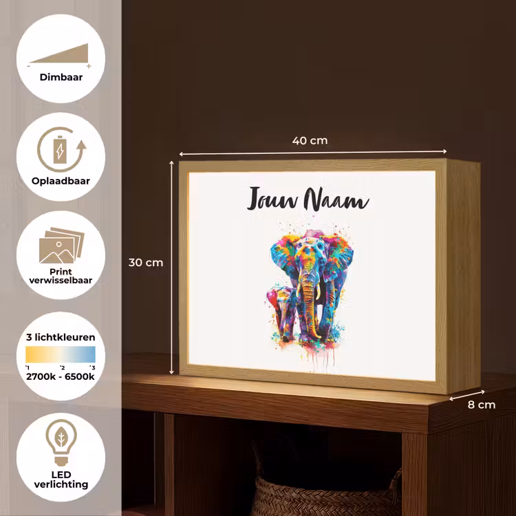 Olifanten - Dieren - Verf - Kleurrijk Light Box met batterij (Wandlamp kind) middel -USP_websiteoverzichtNL