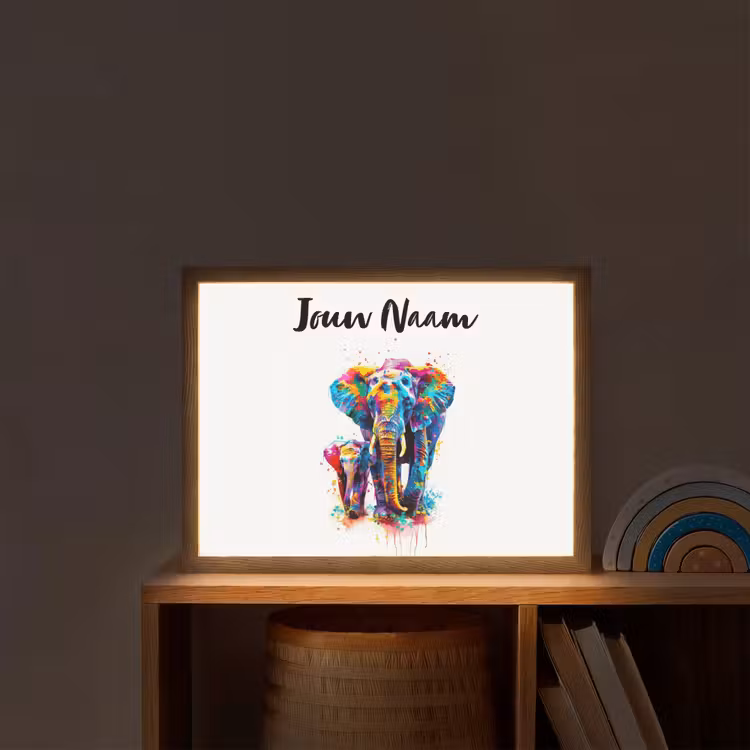 Olifanten - Dieren - Verf - Kleurrijk Light Box met batterij (Wandlamp kind) middel -sfeer1_kind