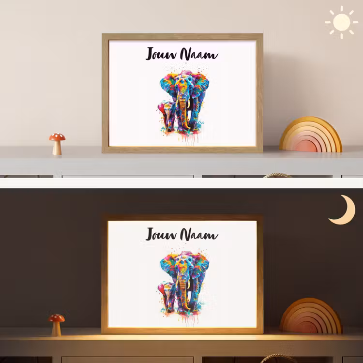 Olifanten - Dieren - Verf - Kleurrijk Light Box met batterij (Wandlamp kind) middel -sfeer3_kind