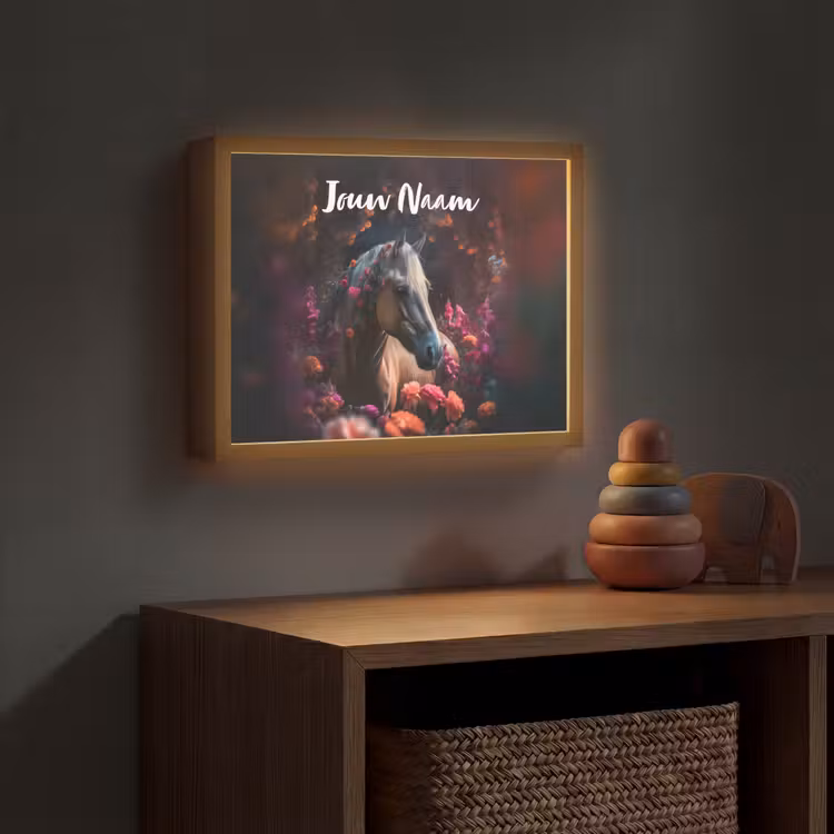 Paard - Bloemen - Paars - Oranje - Dieren Light Box met batterij (Wandlamp kind) middel -sfeer5_kind
