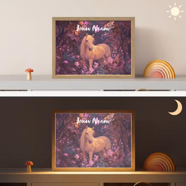 Paard - Bloemen - Paars - Vlinder Light Box met batterij (Wandlamp kind) middel -sfeer3_kind