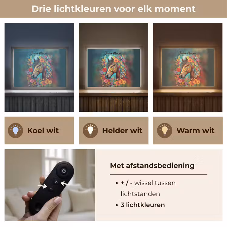 Paard - Bloemen - Schilderij - Natuur - Verf Light Box met batterij (Wandlamp kind) middel -USP_lichtkleurNL