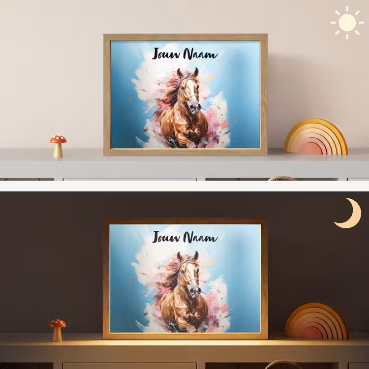 Paard - Meisjes - Blauw - Roze Light Box met batterij (Wandlamp kind) middel -sfeer3_kind
