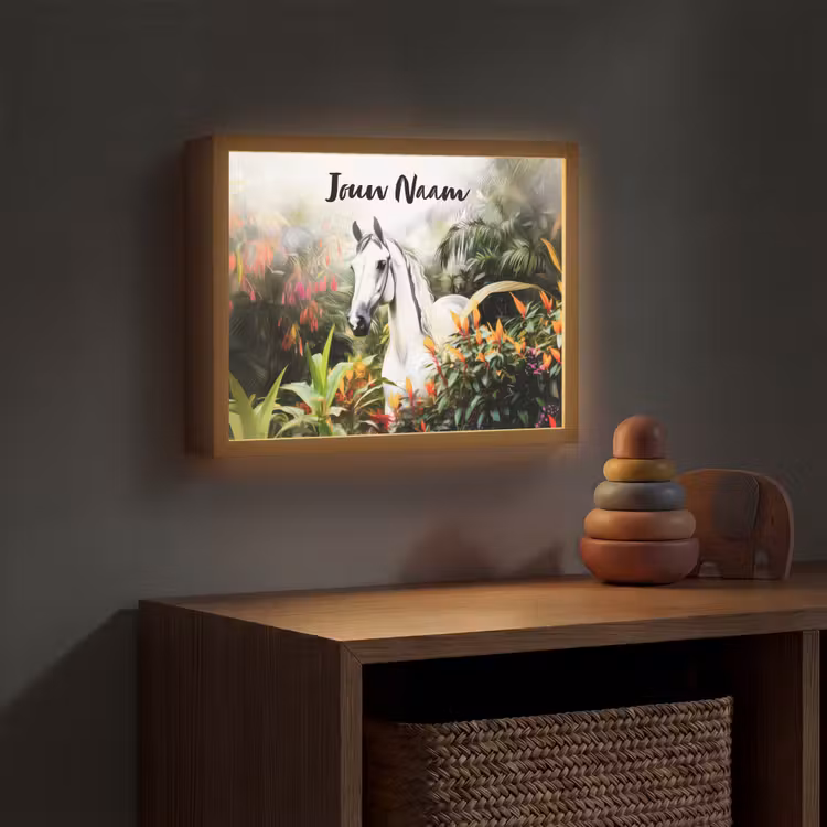 Paard - Wit - Bos - Bloemen - Planten Light Box met batterij (Wandlamp kind) middel -sfeer5_kind