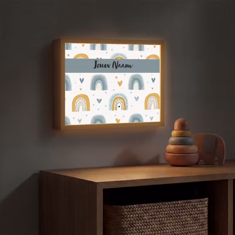Patroon - Blauw - Regenboog - Hartjes Light Box met batterij (Wandlamp kind) middel -sfeer5_kind