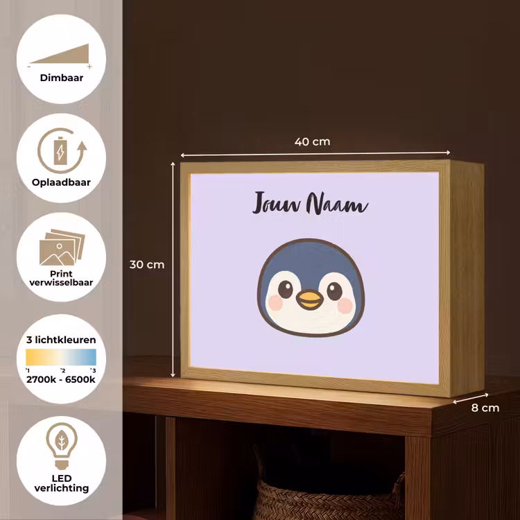 Pinguïn - Paars - Minimalistisch - Blosjes Light Box met batterij (Wandlamp kind) middel -USP_websiteoverzichtNL