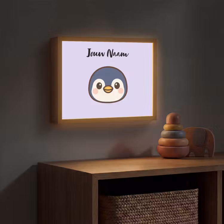 Pinguïn - Paars - Minimalistisch - Blosjes Light Box met batterij (Wandlamp kind) middel -sfeer5_kind