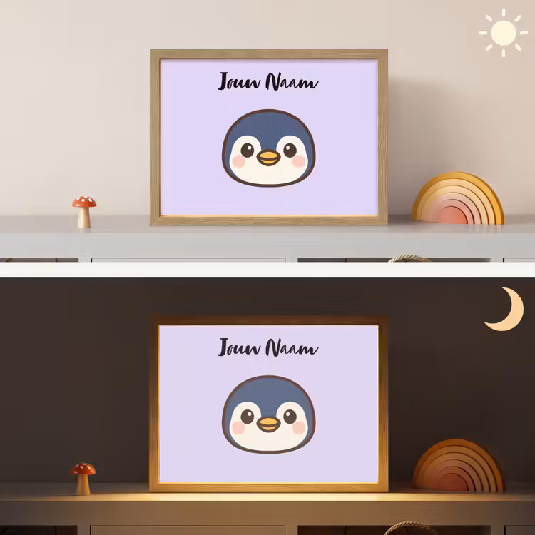 Pinguïn - Paars - Minimalistisch - Blosjes Light Box met batterij (Wandlamp kind) middel -sfeer3_kind