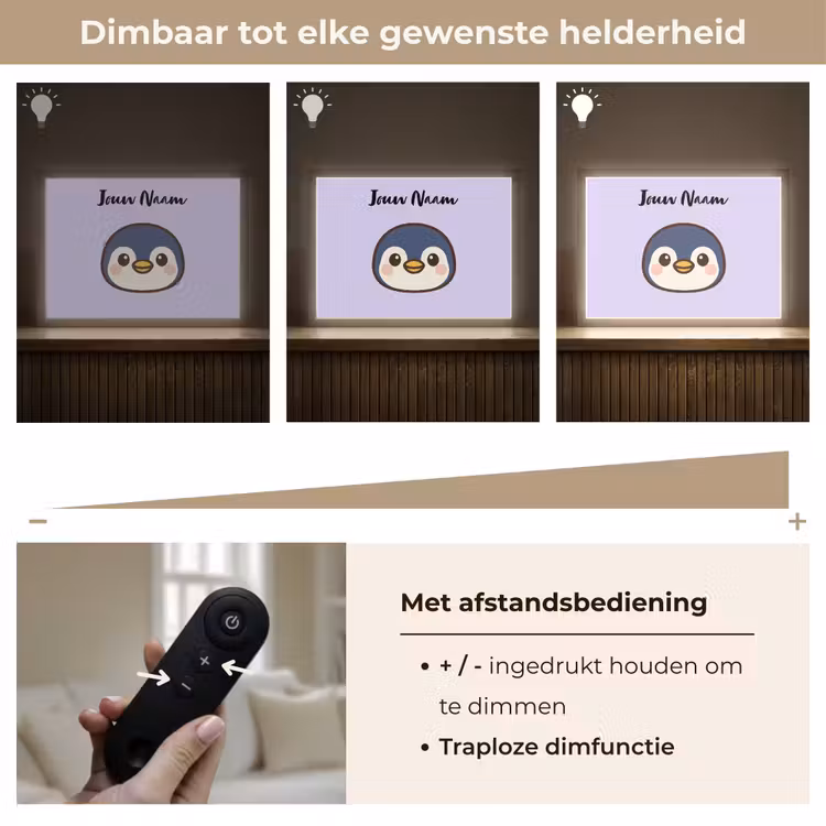 Pinguïn - Paars - Minimalistisch - Blosjes Light Box met batterij (Wandlamp kind) middel -USP_dimbaarNL