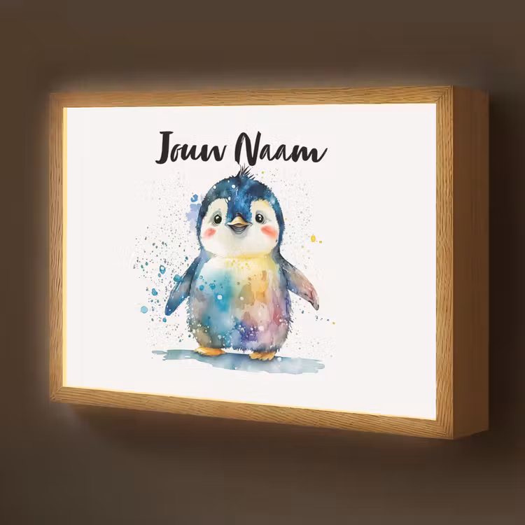 Pinguïn - Regenboog - Waterverf - Dieren - Kinderen Light Box met batterij (Wandlamp kind) middel -z3d_website