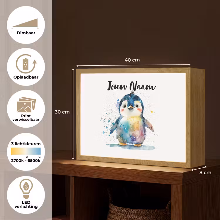 Pinguïn - Regenboog - Waterverf - Dieren - Kinderen Light Box met batterij (Wandlamp kind) middel -USP_websiteoverzichtNL