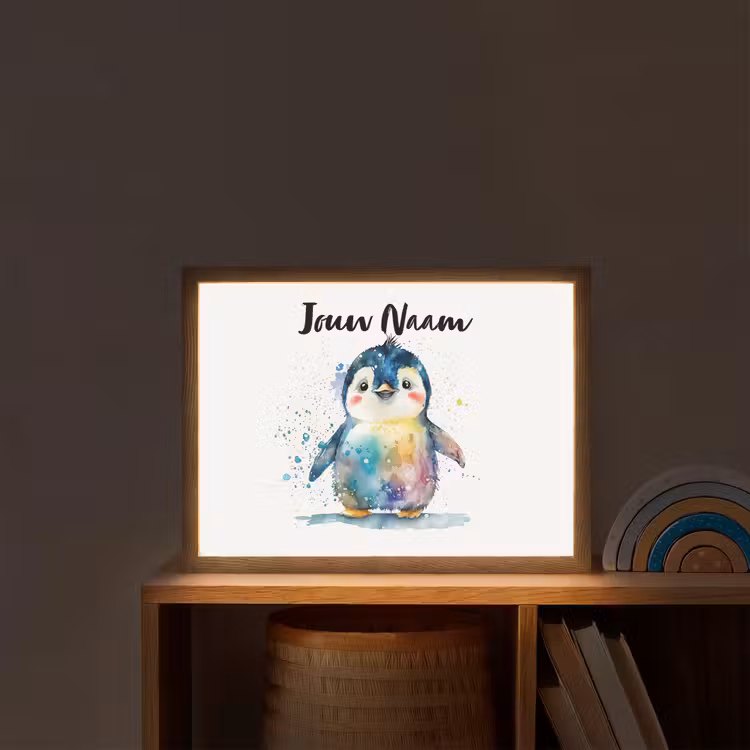 Pinguïn - Regenboog - Waterverf - Dieren - Kinderen Light Box met batterij (Wandlamp kind) middel -sfeer1_kind