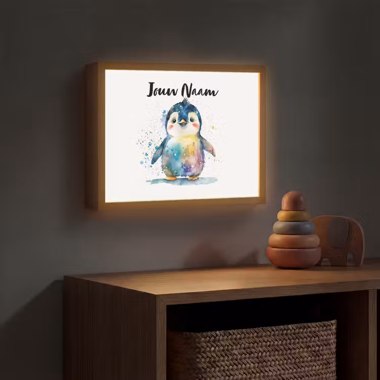 Pinguïn - Regenboog - Waterverf - Dieren - Kinderen Light Box met batterij (Wandlamp kind) middel -sfeer5_kind