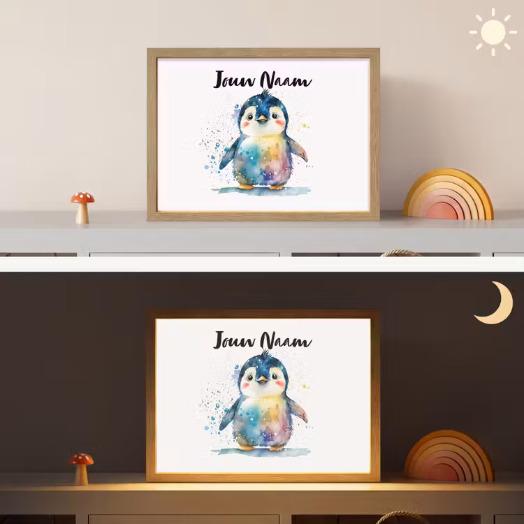 Pinguïn - Regenboog - Waterverf - Dieren - Kinderen Light Box met batterij (Wandlamp kind) middel -sfeer3_kind