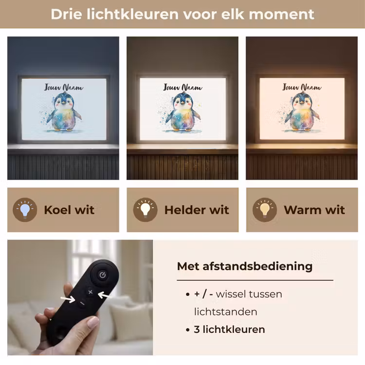 Pinguïn - Regenboog - Waterverf - Dieren - Kinderen Light Box met batterij (Wandlamp kind) middel -USP_lichtkleurNL