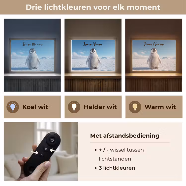 Pinguïn - Sneeuw - Landschap - Wit Light Box met batterij (Wandlamp kind) middel -USP_lichtkleurNL