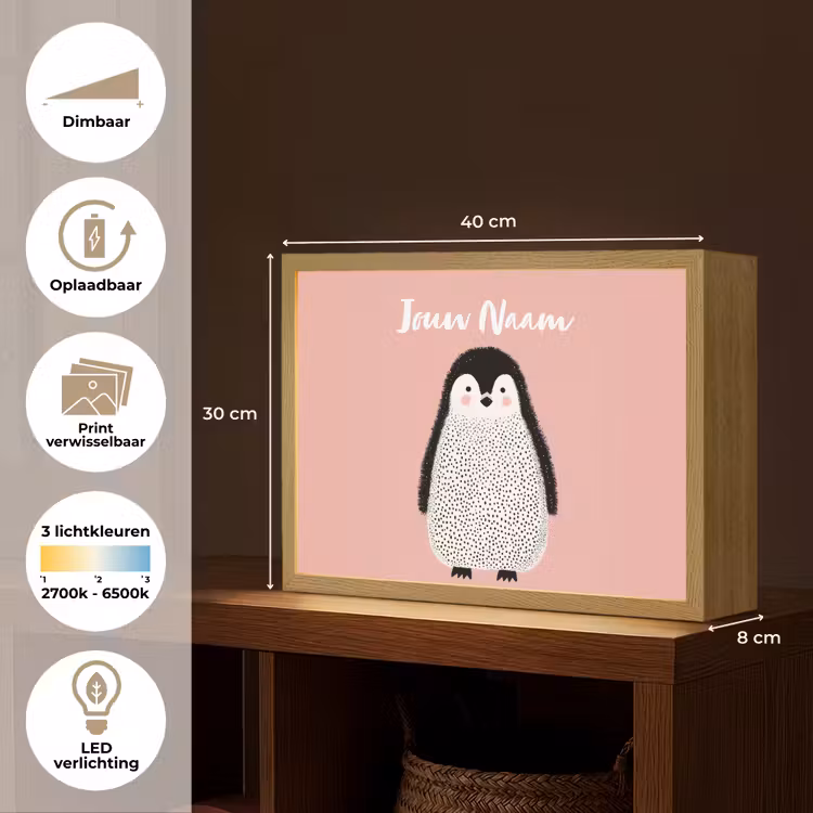 Pinguïn - Stippen - Minimalistisch - Roze Light Box met batterij (Wandlamp kind) middel -USP_websiteoverzichtNL