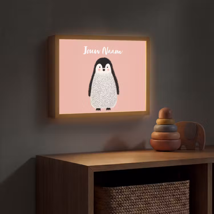 Pinguïn - Stippen - Minimalistisch - Roze Light Box met batterij (Wandlamp kind) middel -sfeer5_kind