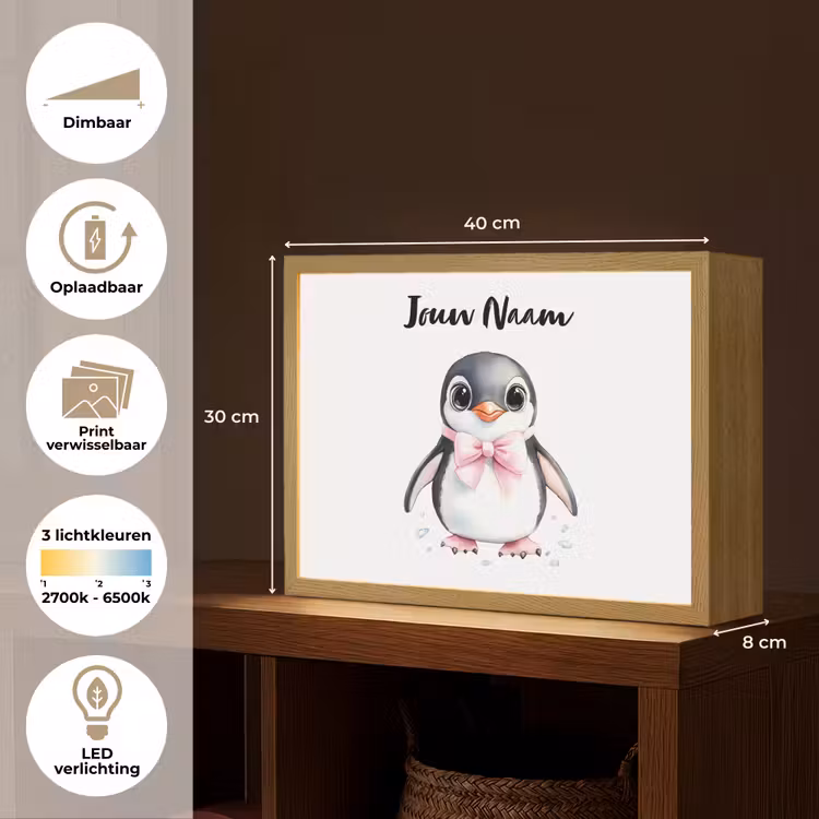 Pinguïn - Strikje - Roze - Dier Light Box met batterij (Wandlamp kind) middel -USP_websiteoverzichtNL