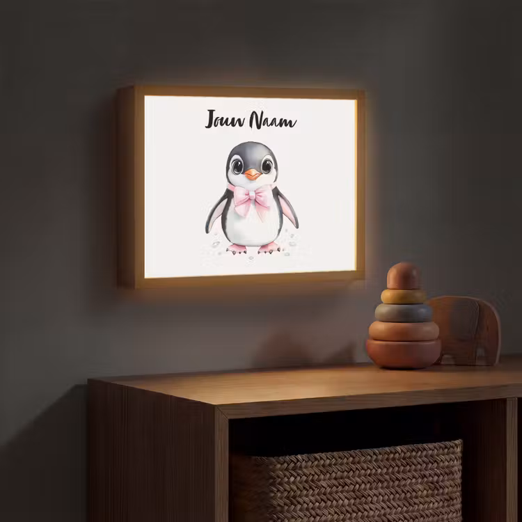 Pinguïn - Strikje - Roze - Dier Light Box met batterij (Wandlamp kind) middel -sfeer5_kind