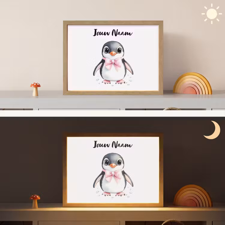 Pinguïn - Strikje - Roze - Dier Light Box met batterij (Wandlamp kind) middel -sfeer3_kind
