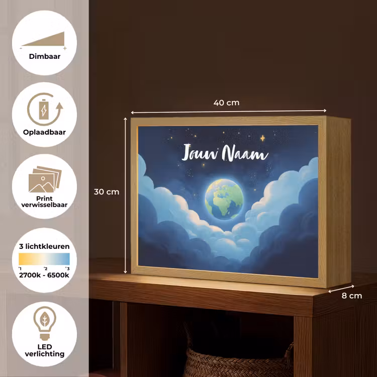 Planeet - Wolken - Sterren - Blauw Light Box met batterij (Wandlamp kind) middel -USP_websiteoverzichtNL