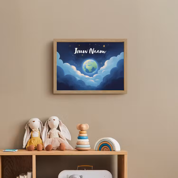 Planeet - Wolken - Sterren - Blauw Light Box met batterij (Wandlamp kind) middel -sfeer2_kind