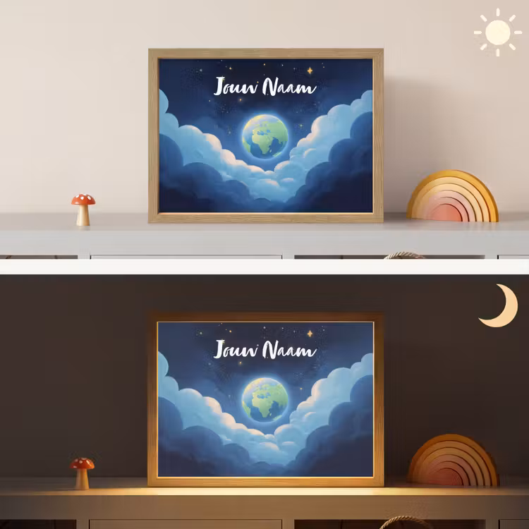 Planeet - Wolken - Sterren - Blauw Light Box met batterij (Wandlamp kind) middel -sfeer3_kind