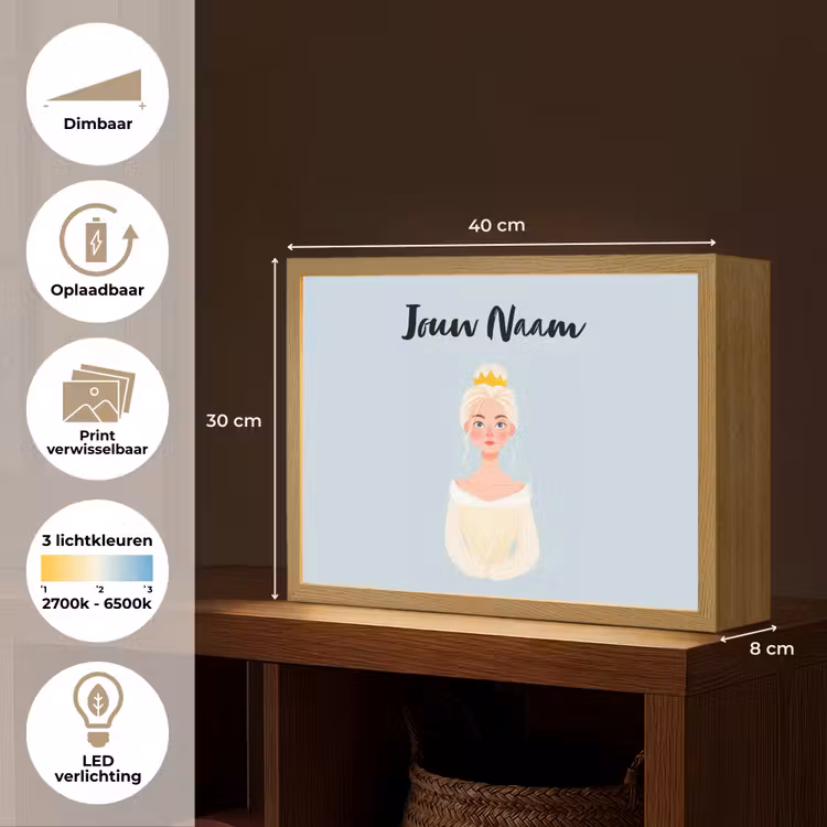 Prinses - Blond - Kroon - Minimalistisch Light Box met batterij (Wandlamp kind) middel -USP_websiteoverzichtNL