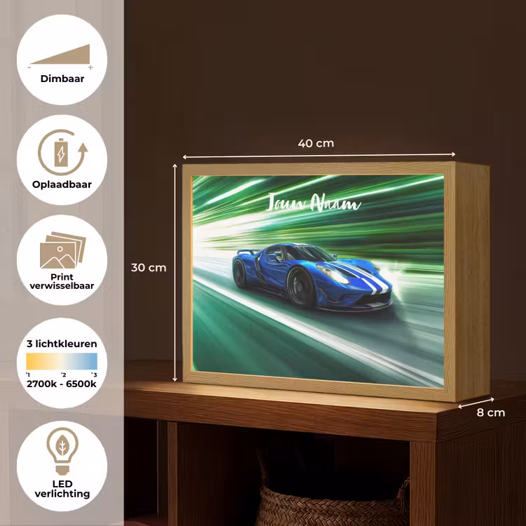 Race auto - Blauw - Groen Light Box met batterij (Wandlamp kind) middel -USP_websiteoverzichtNL