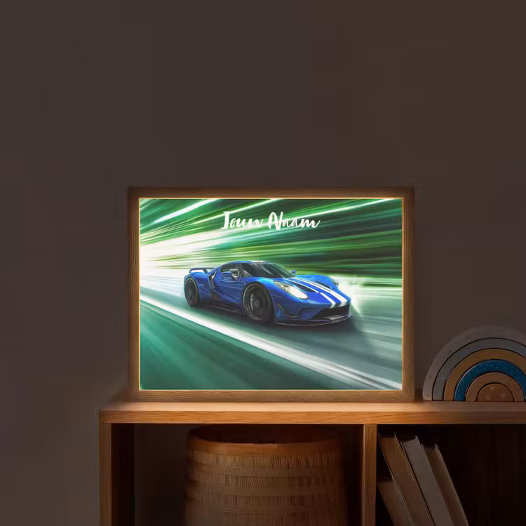 Race auto - Blauw - Groen Light Box met batterij (Wandlamp kind) middel -sfeer1_kind