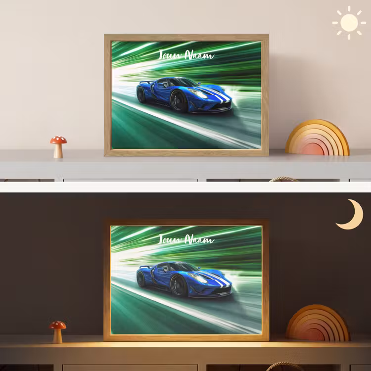 Race auto - Blauw - Groen Light Box met batterij (Wandlamp kind) middel -sfeer3_kind