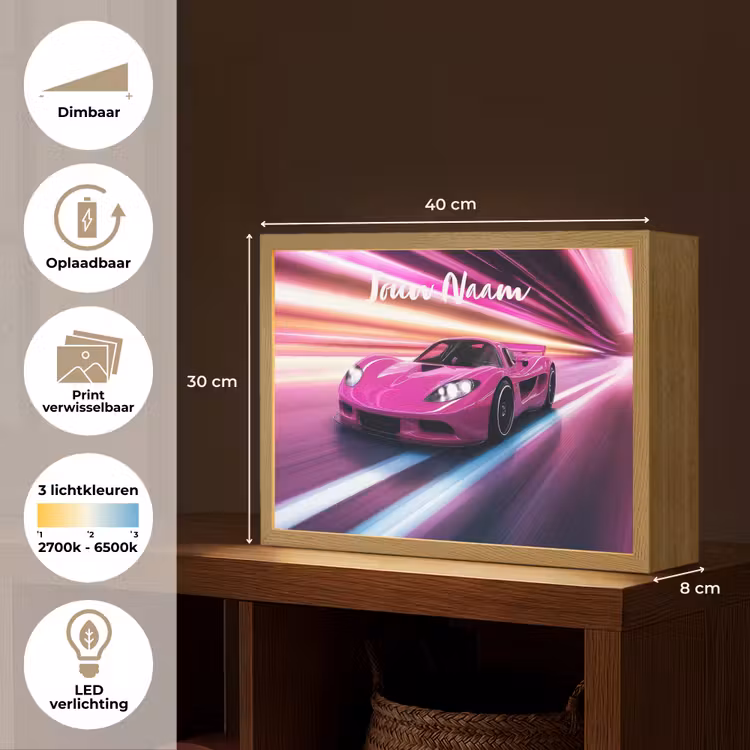 Raceauto - Roze - Neon Light Box met batterij (Wandlamp kind) middel -USP_websiteoverzichtNL