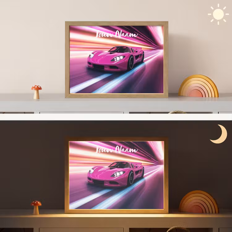 Raceauto - Roze - Neon Light Box met batterij (Wandlamp kind) middel -sfeer3_kind