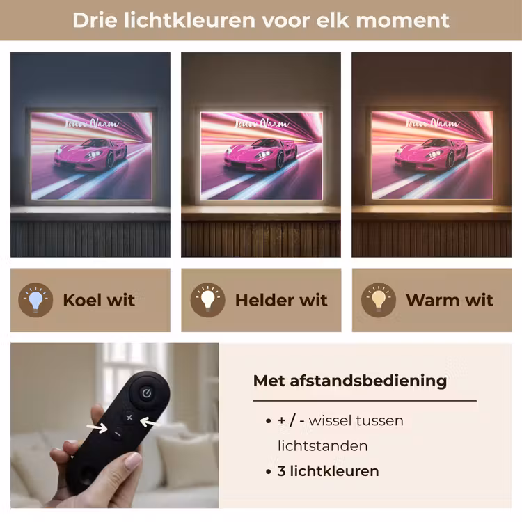 Raceauto - Roze - Neon Light Box met batterij (Wandlamp kind) middel -USP_lichtkleurNL