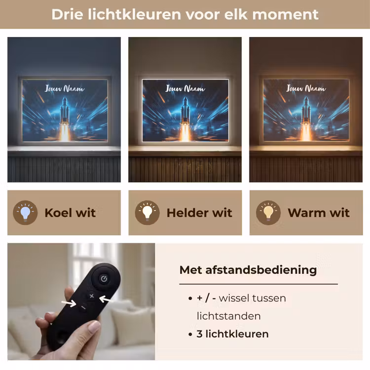 Raket - Ruimte - Blauw - Licht Light Box met batterij (Wandlamp kind) middel -USP_lichtkleurNL