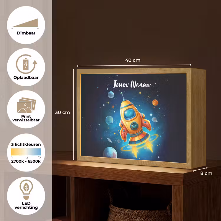 Raket - Ruimte - Planeten - Kinderen - Jongen Light Box met batterij (Wandlamp kind) middel -USP_websiteoverzichtNL