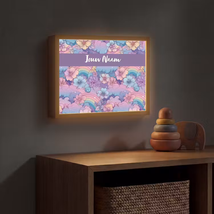 Regenbogen - Bloemen - Kleurrijk - Wolken Light Box met batterij (Wandlamp kind) middel -sfeer5_kind