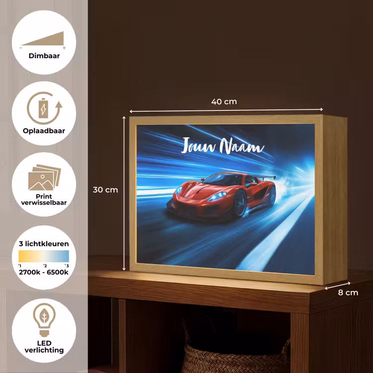 Rode raceauto - Blauw - Futuristisch Light Box met batterij (Wandlamp kind) middel -USP_websiteoverzichtNL