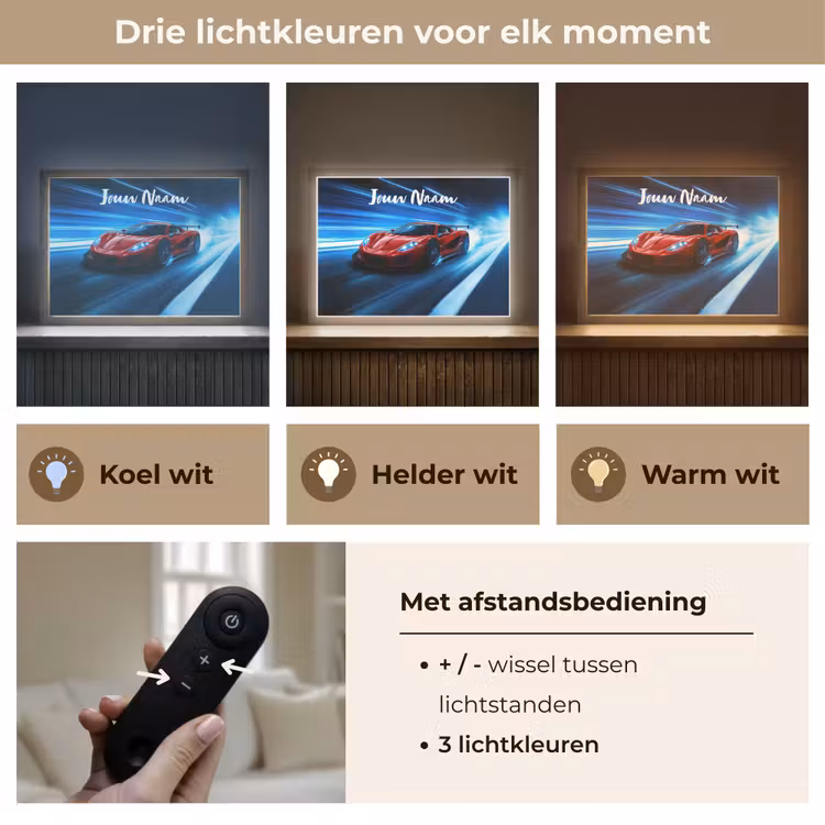 Rode raceauto - Blauw - Futuristisch Light Box met batterij (Wandlamp kind) middel -USP_lichtkleurNL