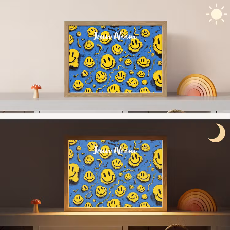Smileys - Geel - Blauw Light Box met batterij (Wandlamp kind) middel -sfeer3_kind