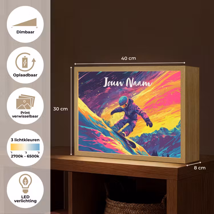 Snowboarden - Sneeuw - Kleurrijk Light Box met batterij (Wandlamp kind) middel -USP_websiteoverzichtNL