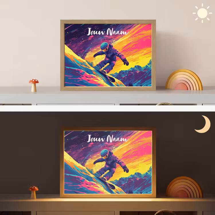 Snowboarden - Sneeuw - Kleurrijk Light Box met batterij (Wandlamp kind) middel -sfeer3_kind